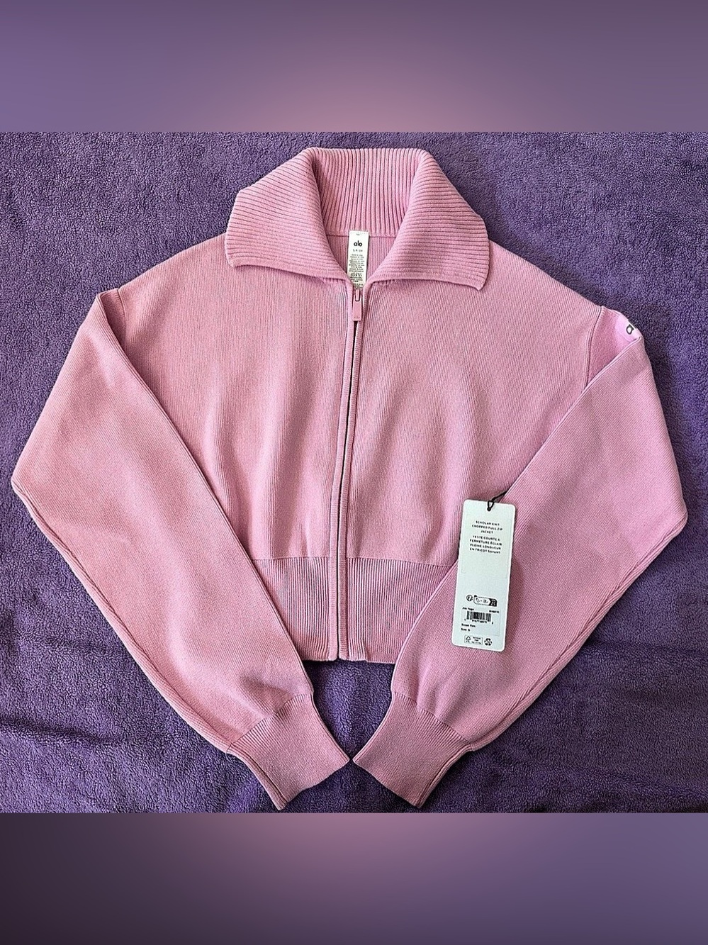 Alo Scholar Knit Cropped Full Zip Jacket - Sweet Pink - Size Small - NWT